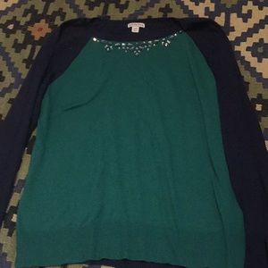 Green and blue sweater with beaded collar